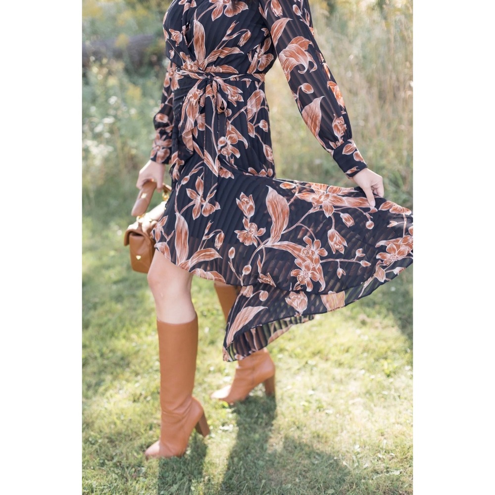 Taylor Black Tawny Floral High Low Ruffle Midi Dress Long Sleeve Size 16 NWT